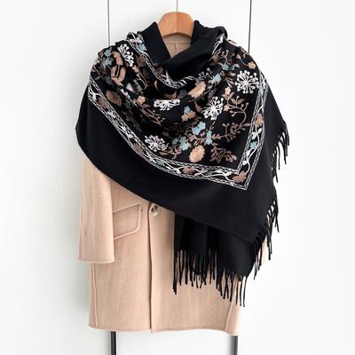 Écharpe Florale Chaude Multicolore pour Femmes 70*210cm Châle de Luxe en Fausse Cachemire Poncho Pashmina Épais d'Hiver avec Pompons Enveloppe Élégante