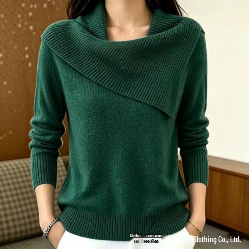 Asymmetrical Lapel Knit Sweater - Solid Color, Slim Fit, Versatile Long Sleeve Wool Sweater for Women