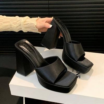 Thick-bottomed Water Table High-heeled One-word Rear Empty Sandals 2025 Summer New European and American Style Simple Thick High-heeled Square Head C