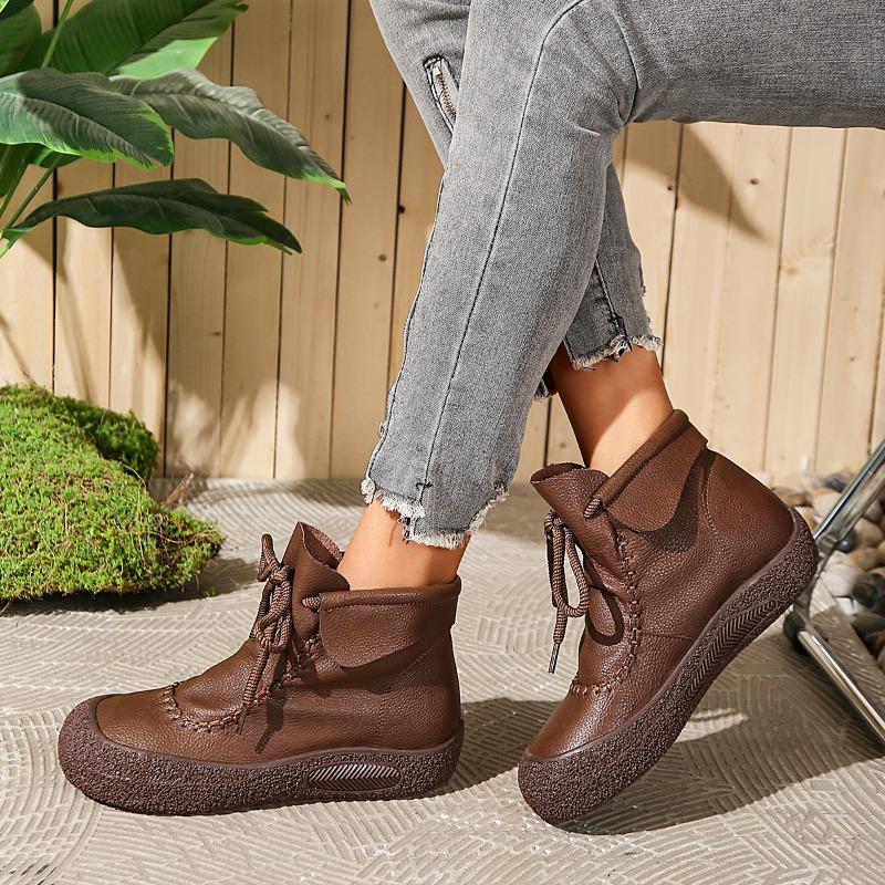 

2026 Retro Lace-Up Casual Flat Heel Lady Boots Lace Up Round Toe Rubber Leather Rock Low Mid-Calf Elegant Mid Calf Fabric PU 35