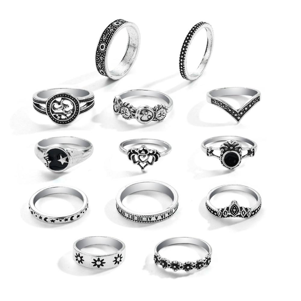 

13 шт./компл. винтажные женские ретро эстетические цветочные кольца, комплект, черное модное вечернее кольцо для женщин, ювелирные изделия на палец