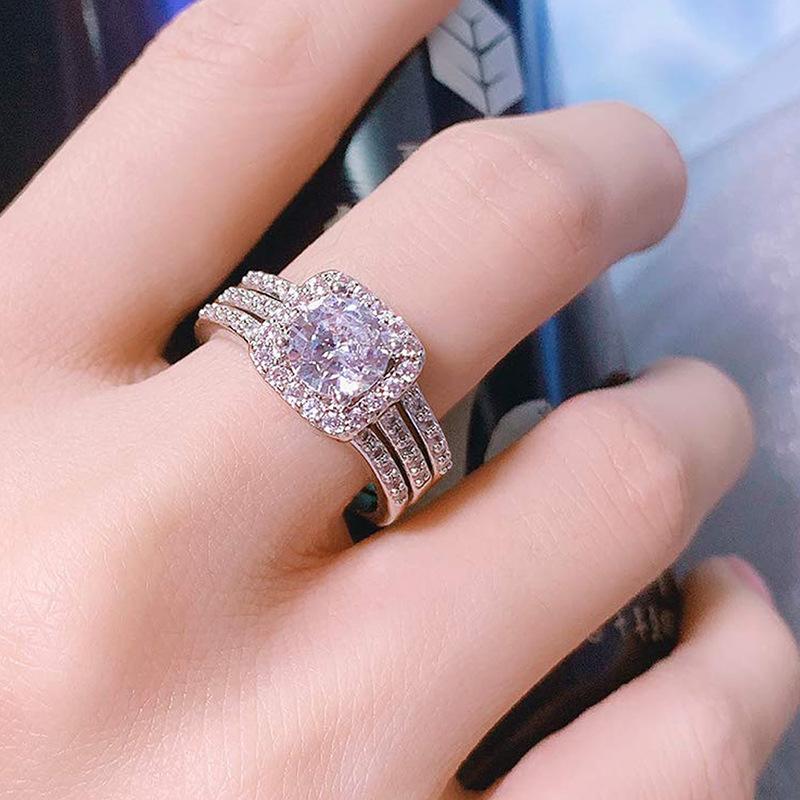 Square zirconium stacked wearing high-end rings, women's men's European and American exquisite three-piece set of noble temperament rings