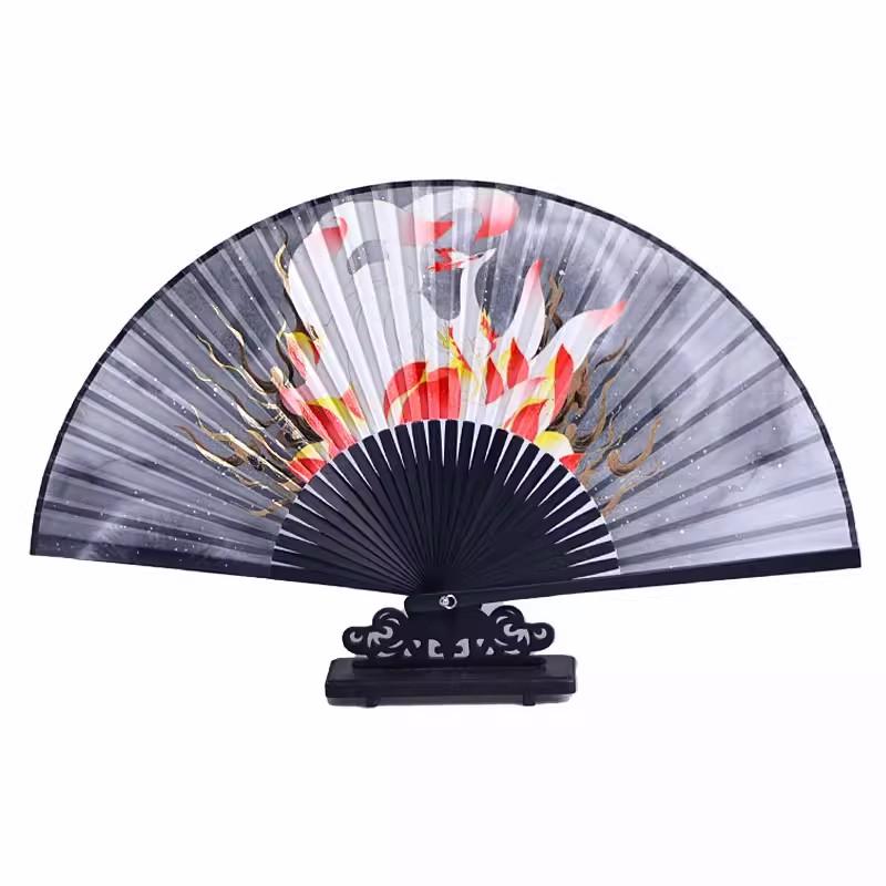 Antique Folding Fan, Nine Tailed Fox, Fairy Crane, Carrying Summer Hanfu for Men and Women, 7 "Full Bamboo Folding Fan