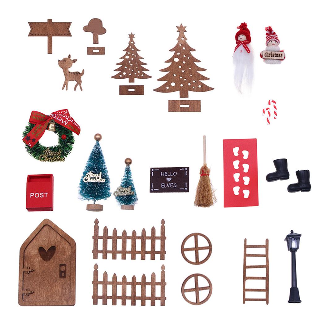 1 Set 1:12 Dollhouse Miniature Christmas Decor Fairy Door Elf Fence Tree Model DollHouse Accessories Kids Role Play Toy