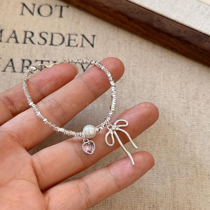 Romantic Pink Crystal Heart Pendant Bangles For Women Silver Color Small Square Bead Bow Bracelet Good Friend Jewelry Gift