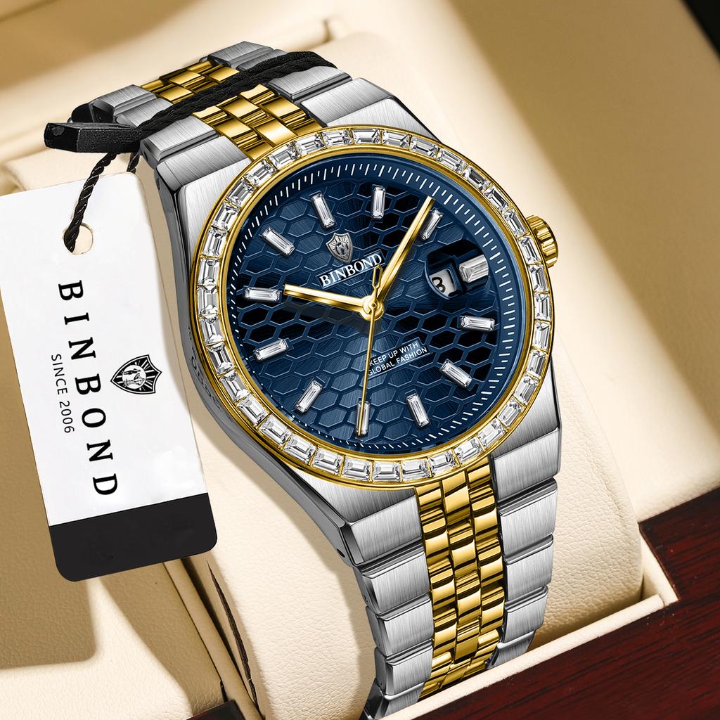 BINBOND Waterproof Precise Auto Date Men's Watch Quartz Watches For Men Luxury Stainless Steel Durable Luminous Casual Reloj