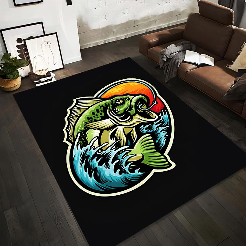

Fishing Theme Carpet with Green Fish, Sunset, Waves, Black Background Suitable for use as an anti-slip for living room bedroom sofas 40x60cm( 15x23in )