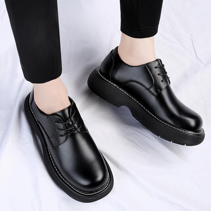 Derby shoes men's leather platform heightening autumn breathable casual leather shoes men's ins trendy black British big head shoes