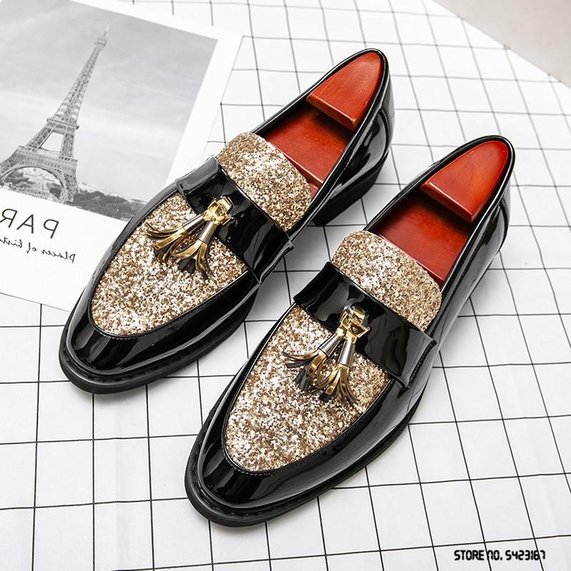 Luxury Designer Pointed Tassel Sequins Patchwork Oxford Shoes For Mens Formal Wedding Dress Homecoming Sapatos Tenis Masculino