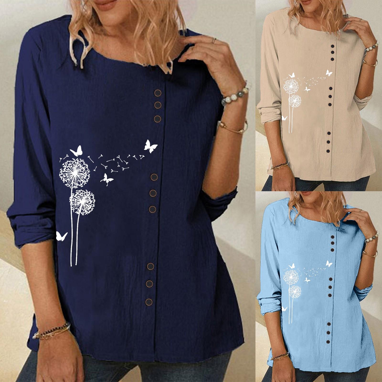 

Ladies Casual Solid Color Loose Woven Long Sleeve Cotton Linen T-Shirt