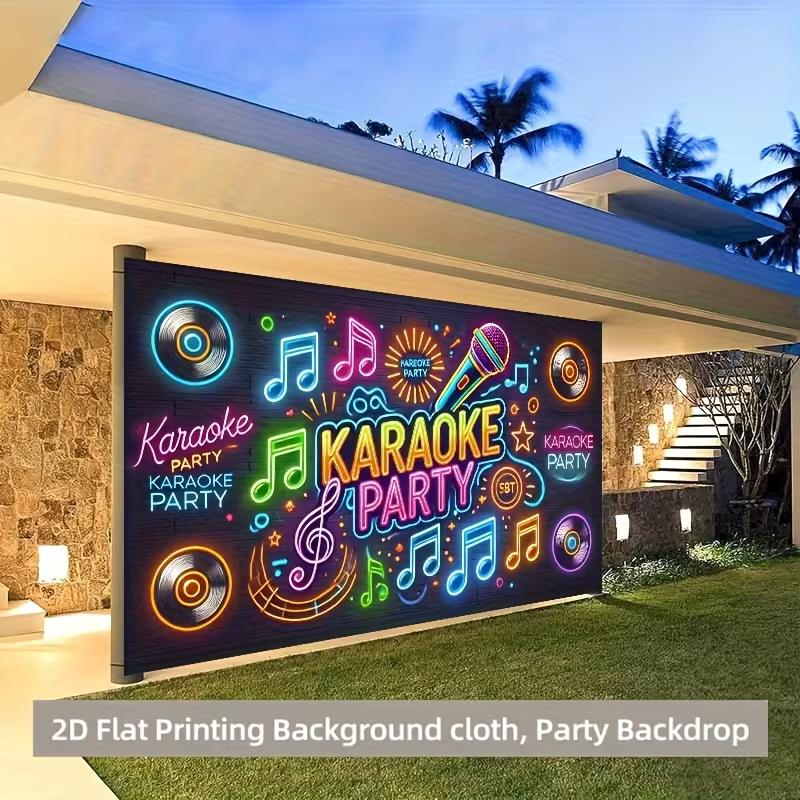 Karaoke Party Photo Booth Background, Neon Microphone & Vinyl Record Backdrop for Themed Events