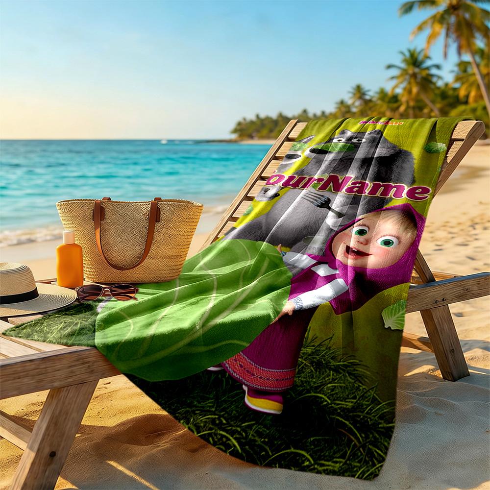 Masha Bear Customizable Name Beach Towel Soft Durable Quick-Dry Ideal for Travel Outdoor Swim Pool Yoga Surf Camping Hiking Gym Gift Holiday