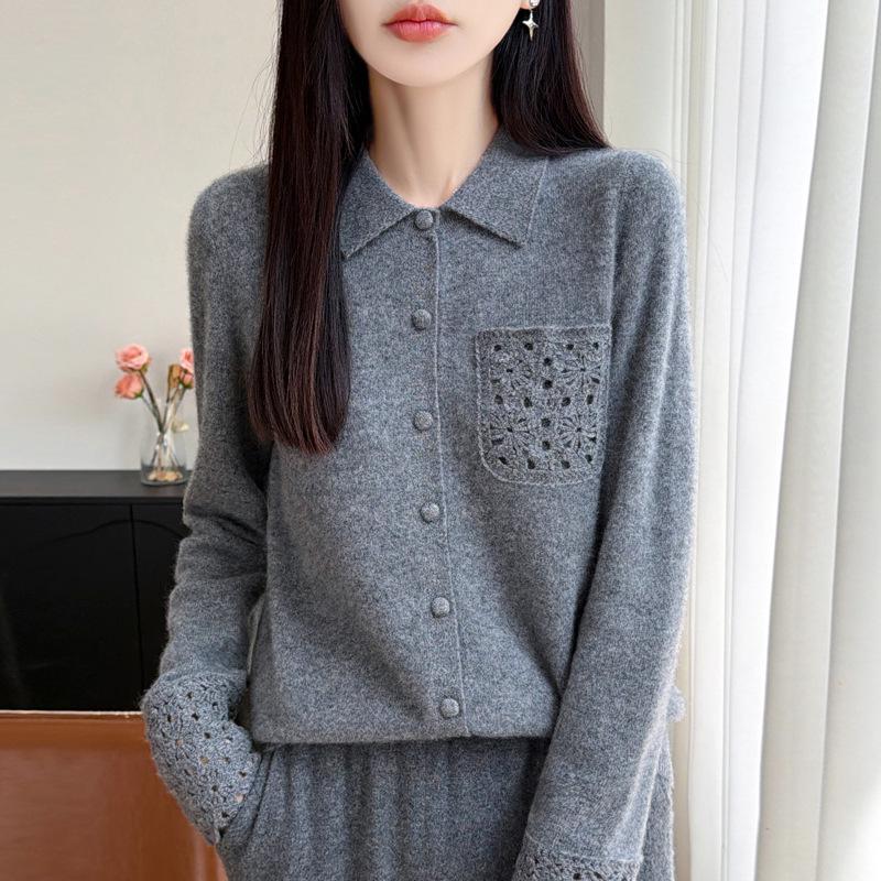 Elegant Wool Sweater: Women's Hollow-Stitch Long Sleeve Lapel Knitwear for Autumn and Winter