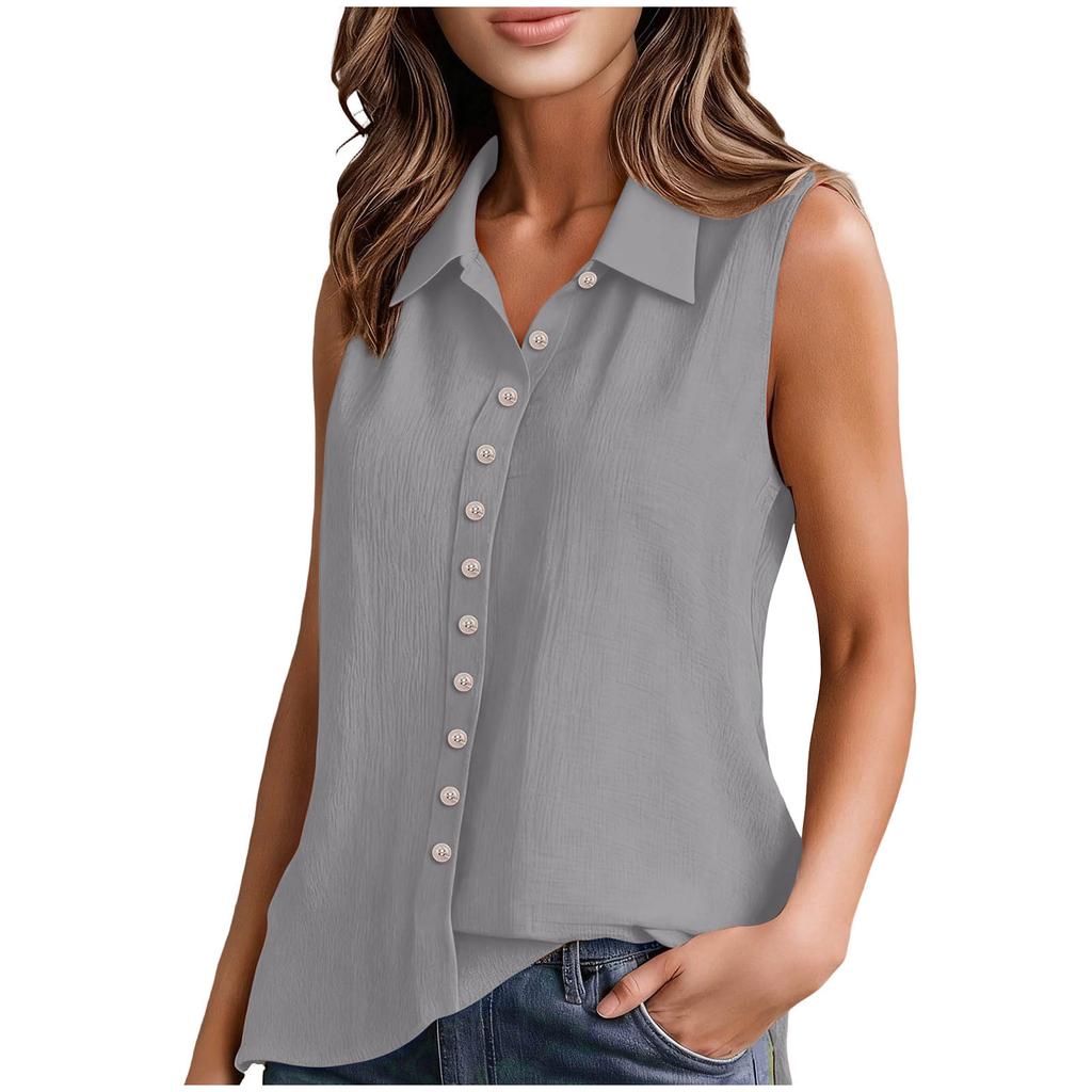 Women’s Fashionable Plain-Coloured Cotton-Linen Single-Breasted Sleeveless Shirt- T-Shirt