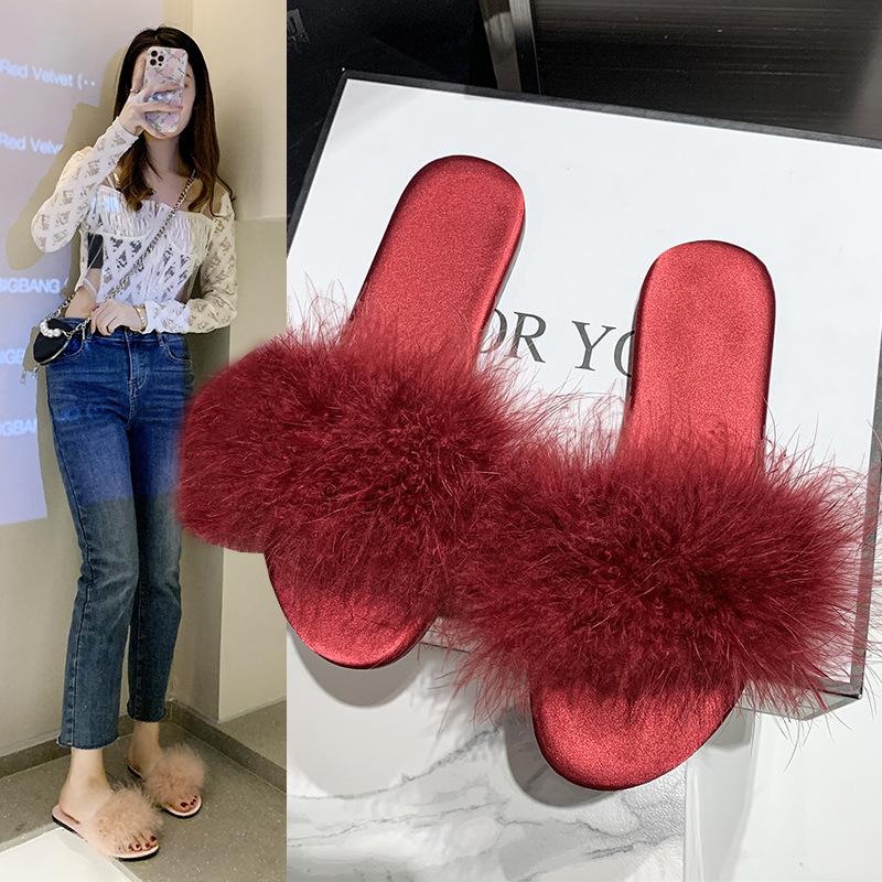 Summer Flat Bottom Furry Slippers Female Fashion Low Heel Sandal Drag Feather One Word Drag