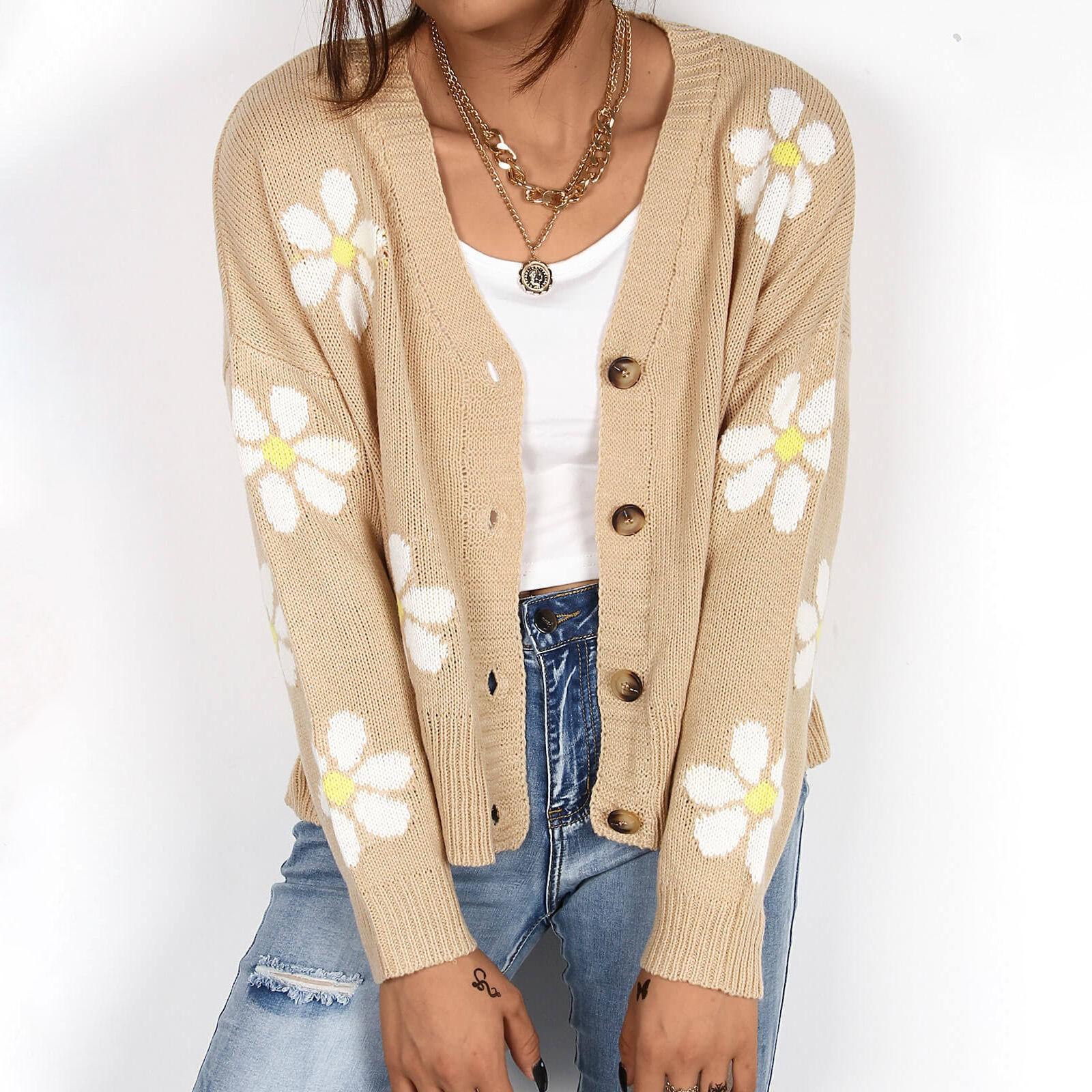 

Women s Relaxed Casual Cardigan Flower Button Sweater Outwear L верблюд
