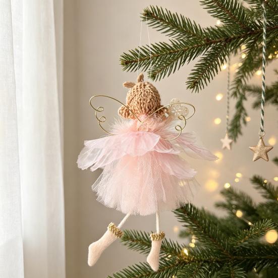 Elegant Christmas Room Furnishings Angel Doll Hanging Ornaments with Lace Mesh And Glitter Wings for Fairy Tale Style Tree Decoration, Fabric Pendant
