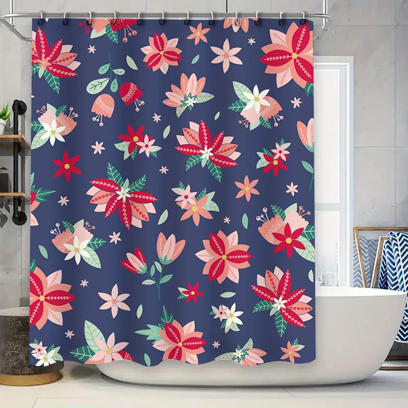 

Vibrant Floral Shower Curtain With 3D Embroideryperfect For Bathrooms Navy Blue Color Decorative Fabric Waterproof Sunroom Curta W60H190(CM)-1 Pcs