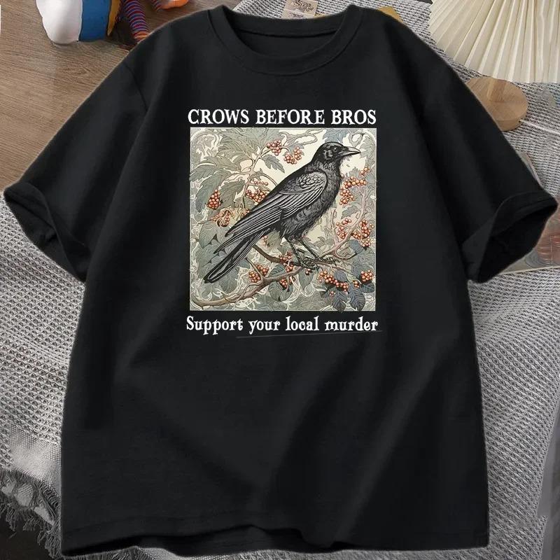 Funny Crows Before Bros Retro T Shirt Women Men Halloween Tshirt Casual Crewneck Short Sleeve Tee Dark Academia Clothing