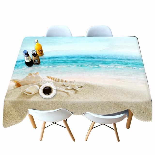 Thicken Cotton Tablecloth Beautiful Beach View Conch Shell Pattern Rectangular Round Table Cloth For Wedding Picnic Party