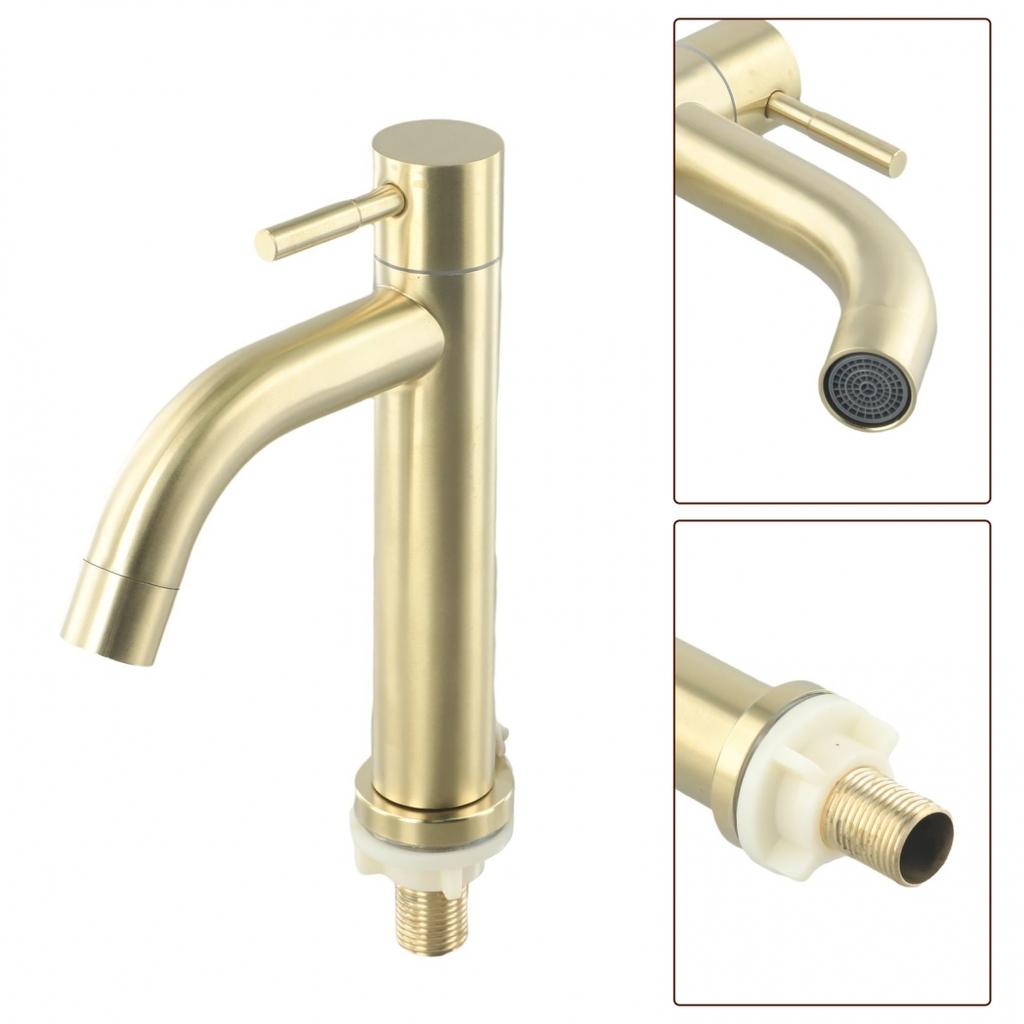 Brushed Gold Bathroom Basin Single Hole Cold Handle Shower Head Sink Faucet Bath