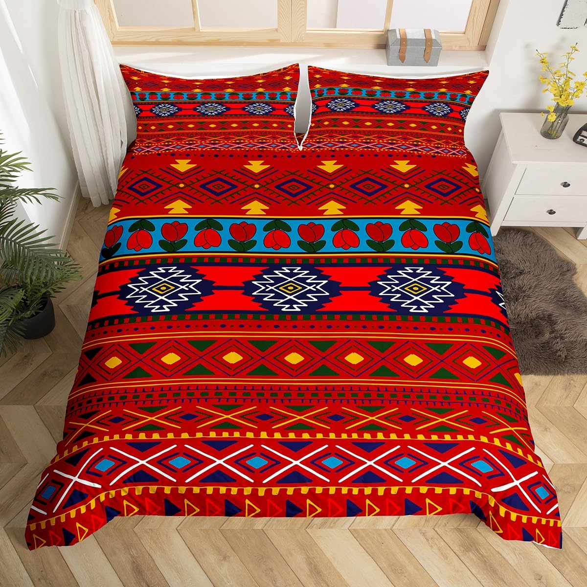 Afrikanischer Bettbezug für Frauen, Afrika, Stammes-Bettwäsche-Set, Vintage-Blumenmuster, Patchwork-Bettbezug, brauner Bettbezug EU single(135x200cm) blue