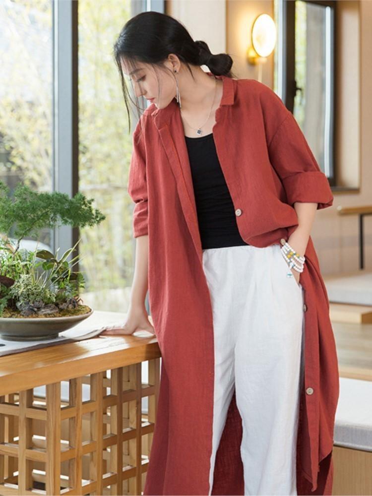 Vintage Linen Button Shirt Women Long Sleeve Blouse Solid Color Spring Long Shirts