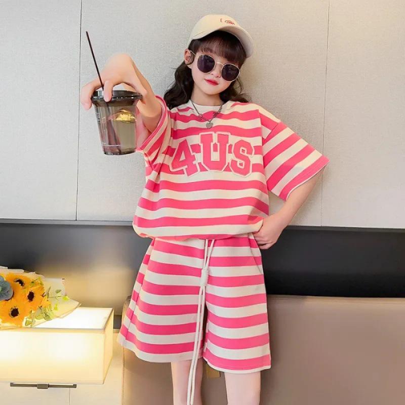 

Летний комплект из двух предметов в полоску для девочек: Топ с коротким рукавом и широкие брюки для детей 100