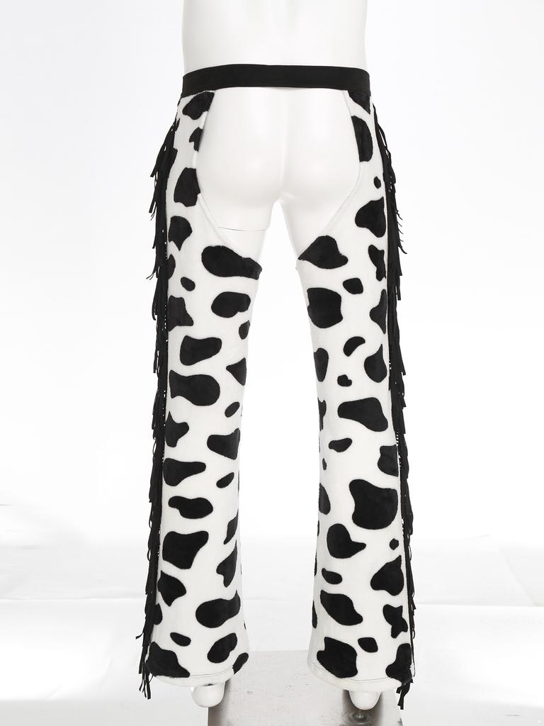 Mens Cow Print Flannel Pants Side Tassel Adjustable Waist Open Crotch Design Biker Riding Cowboy Chaps Halloween Costume