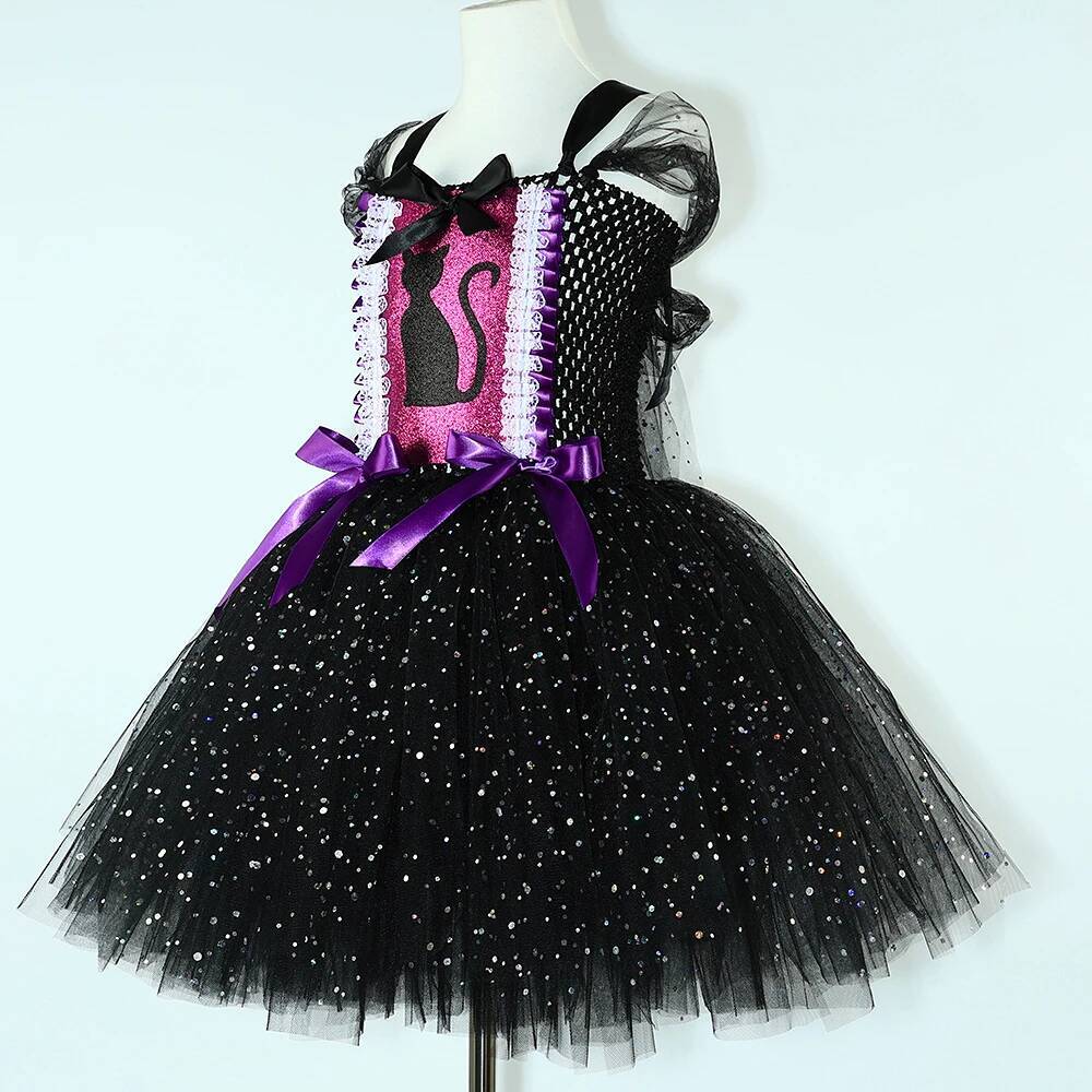 Sparkly Black Cat Tutu Dress for Baby Girls Animal Halloween Costumes with Ears Hairbow Kids Twinkle Kitty Ballet Tutus Outfit