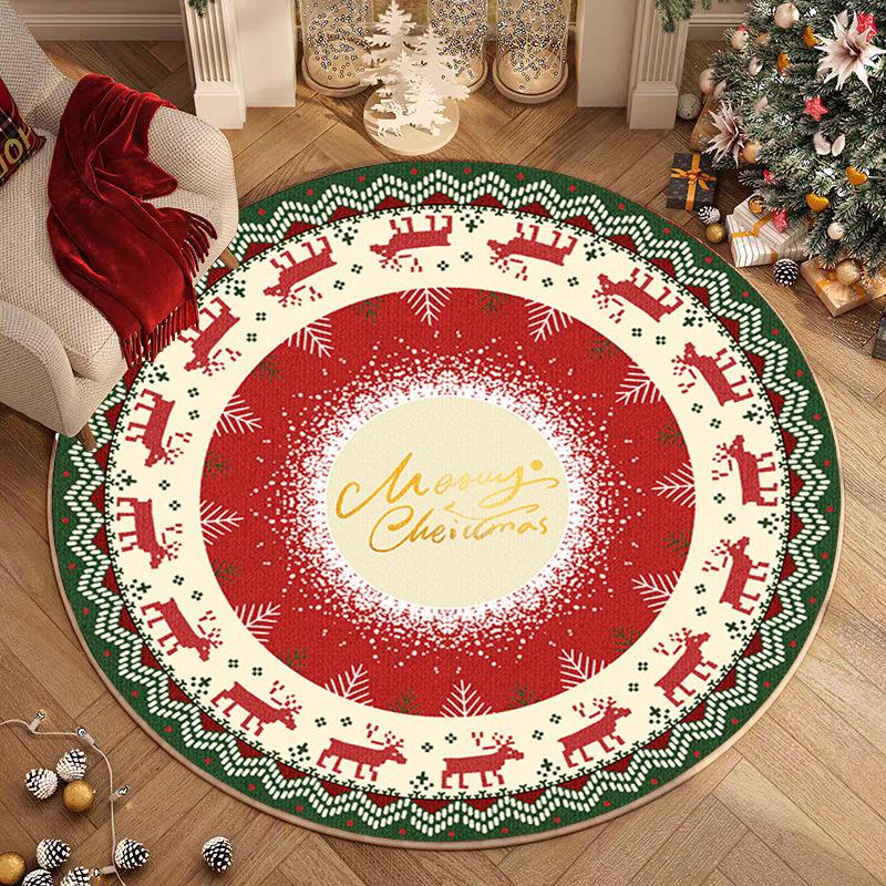 Christmas Tree Pattern Round Carpet "Merry Christmas" "HAPPY NEW" Text Design Festive Decor Rug for Living Room Non-Slip Mat
