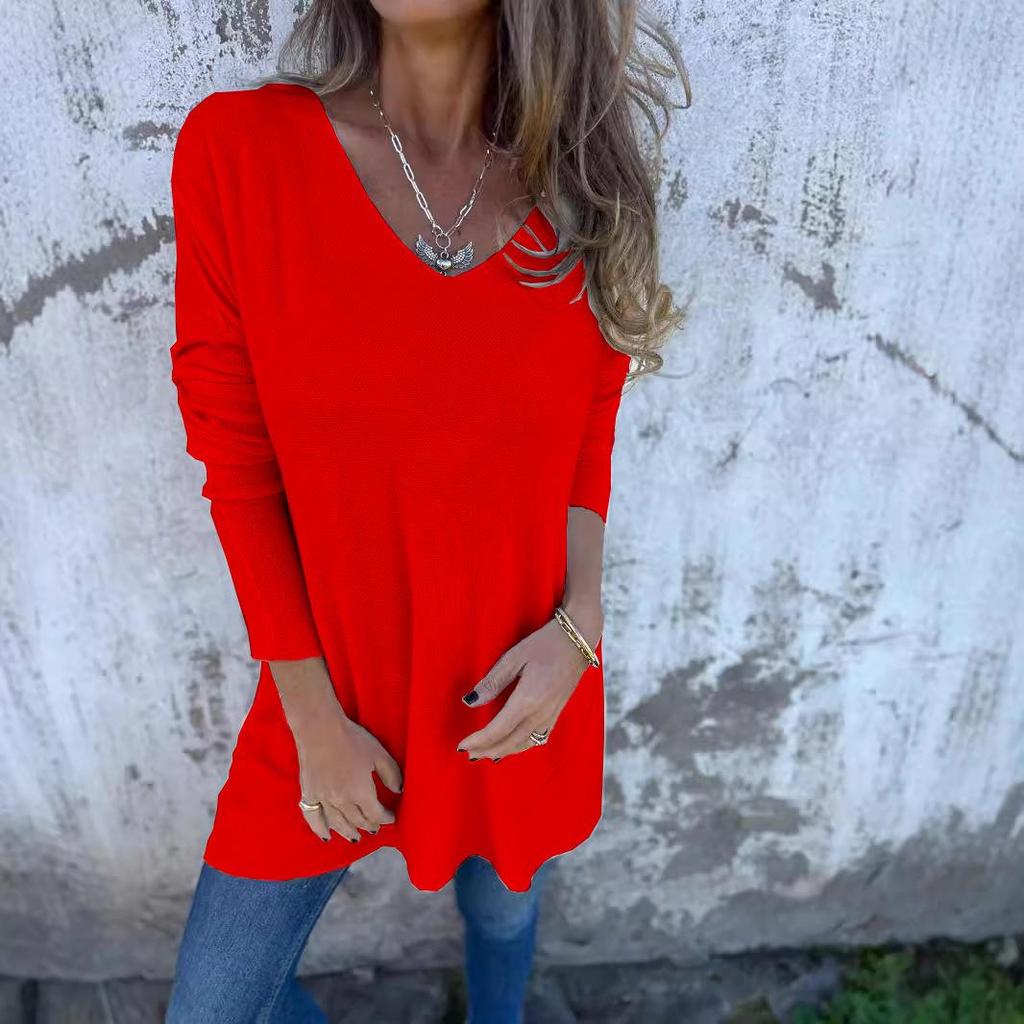 European & American 2026 Spring/Autumn Solid V-neck Knit Loose Women's Top