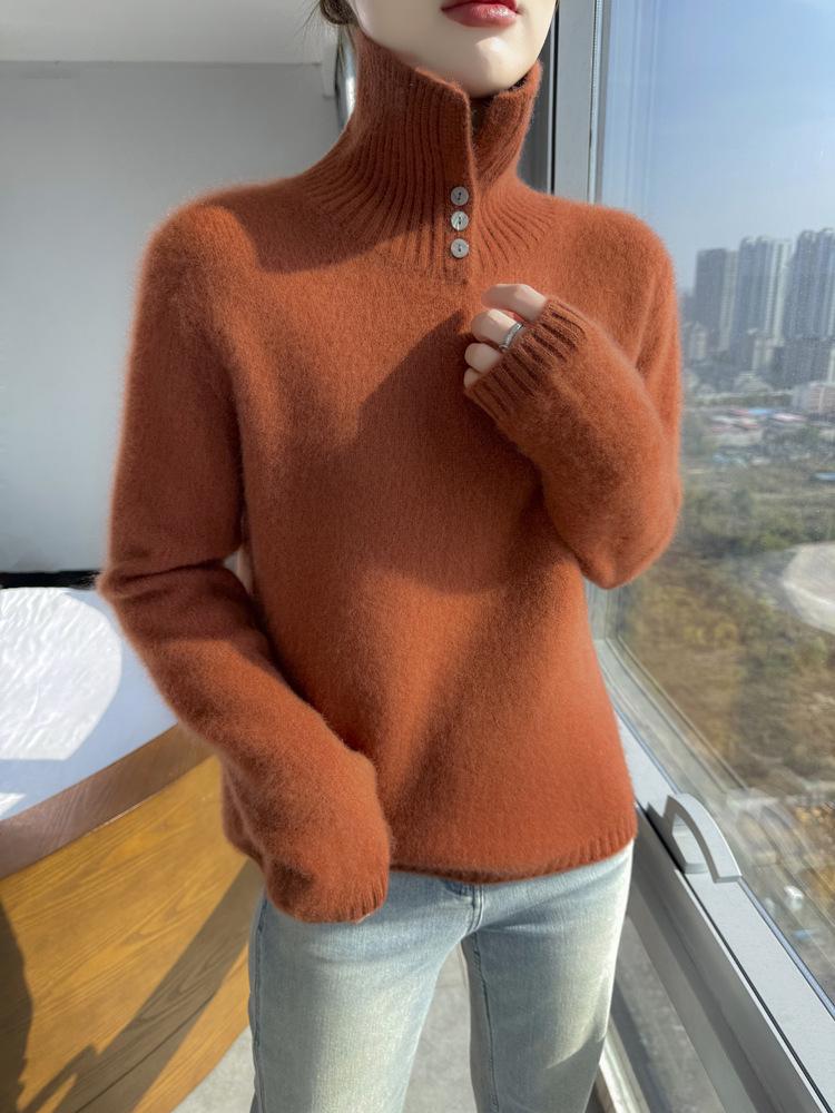 Women's Pure Wool Cashmere High Neck Pullover - Autumn/Winter Warm Long Sleeve Sweater