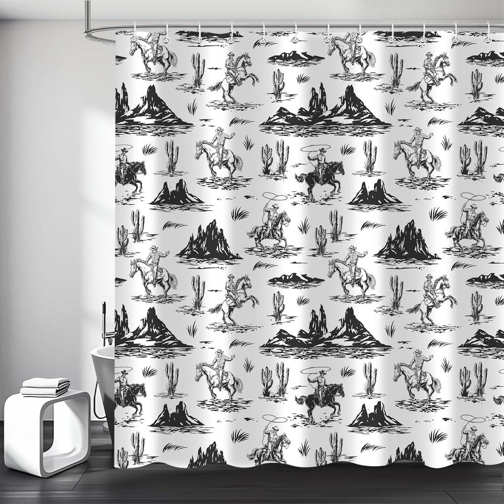 Cute Highland Cow Shower Curtain, Cactus Western Aztec Cattle Farm Animal Southwest Boho Bohemian Bathroom Curtains, Waterproof