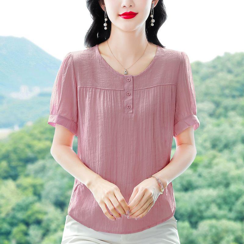 Sommer-Rundhalsshirt für Damen, kurzärmeliges Shirt aus Eisseide, lockeres Mama-T-Shirt für Damen, kurzärmeliges Shirt