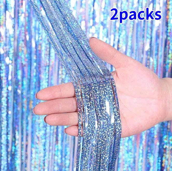 2Pack 2X1M Glitter Party Backdrop Metallic Foil Tinsel Fringe Curtain Birthday Wedding Bachelorette Decoration Adult Anniversary