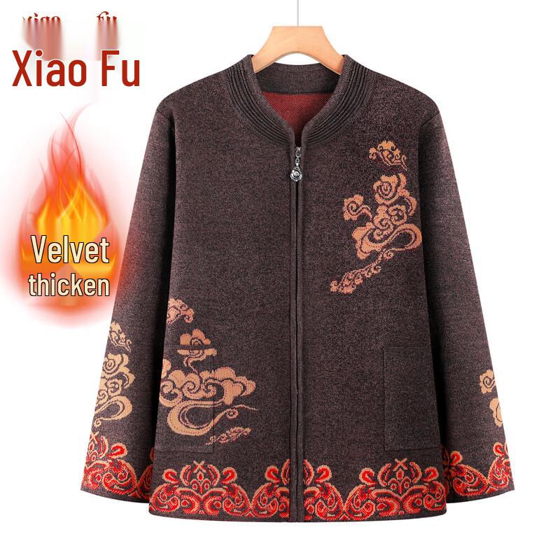 Elderly Women s Fleece-Lined Stand-Collar Zipper Knit Cardigan 4XL