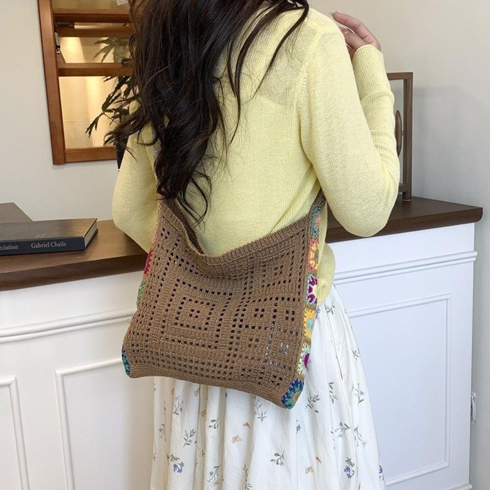 Soft Solid Color Knitted Shoulder Bag Bohemian Hollow Crochet Tote Bag Large Capacity Woven Shopping Handbag Girls