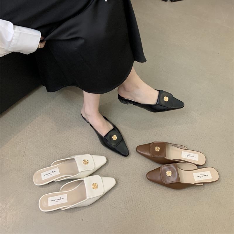 Baotou Half Slippers Women's Summer Wear 2025 New Fashion Camellia One Pedal Pointed Head Low Heel Sandals Non-slip