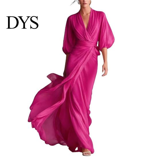 Daily Wear Dress Women V- Neck Long for Summer Autumn, Solid Color Tie Casual Waist A-Line Dress, Half Sleeves Swing Maxi