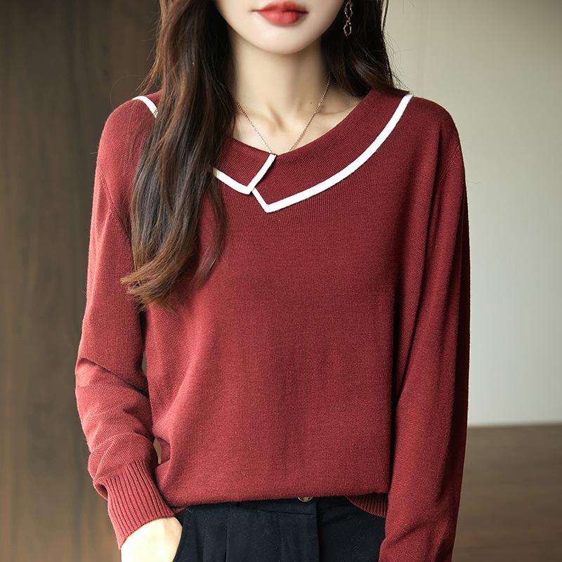 

Женский вязаный свитер с воротником Питер Пэн и цветными блоками - Стильный и не стареющий для осени/весны XL suitable for 135-150 lbs красный