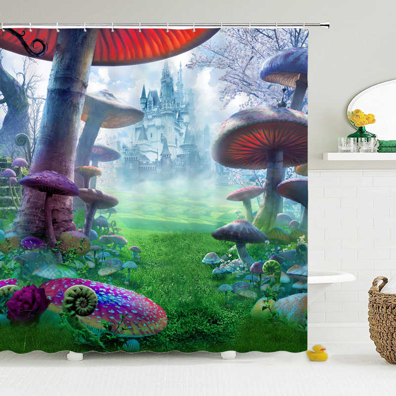Fantasy Forest Shower Curtain Set Mystery Fairy Forest  Mushroom Flower Plant Home Bathroom Decor Curtains  Bath Accessory Set