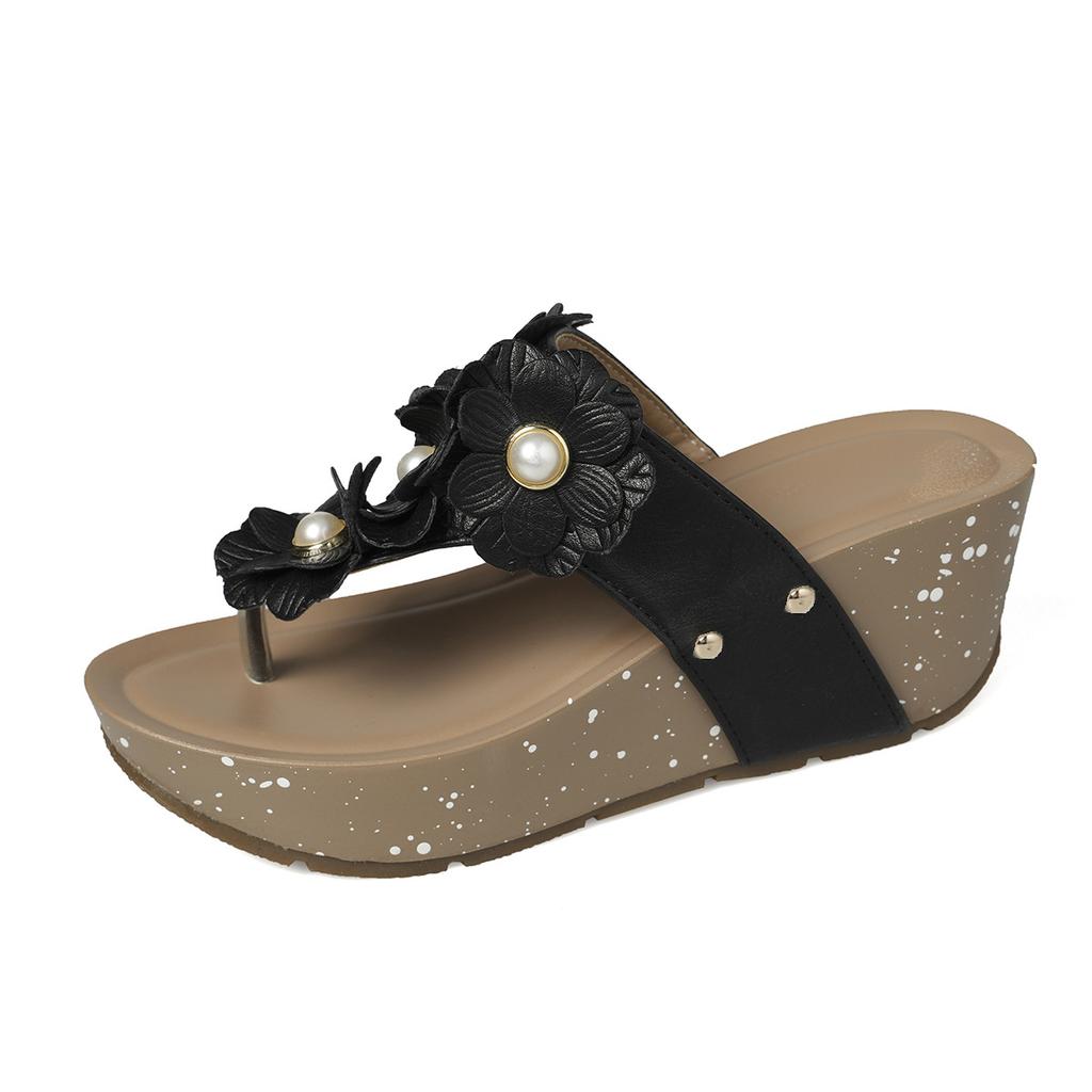 Foreign trade large size pinch foot flower flip-flops large size casual slope heel flat bottom women's sandals flip-flops