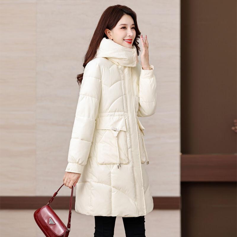 Winter Women Medium To Long Cotton Jacket Thickened Warm Casual Stand Collar Hooded Parker Coat Solid Color Warm Cotton Jacket