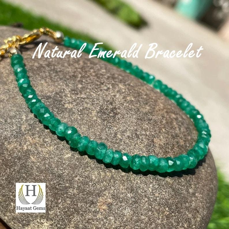 Dainty Zambian Emerald Beaded Bracelet: Sterling Silver, Faceted Gemstone