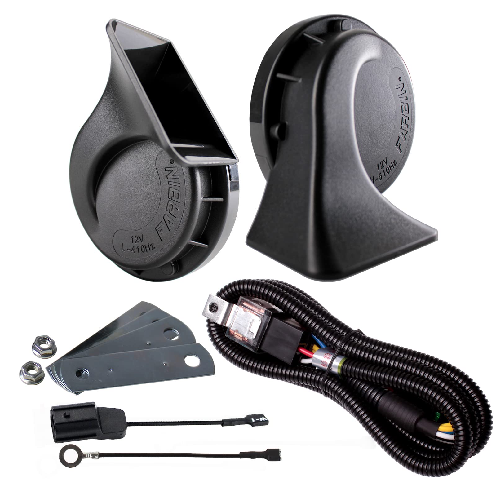FARBIN Spiral Horn 12V Universal Twin Tone Horn Set with Dual Splitter Harness and Honda-Specific Horn Plug for Powerful Sound (12V, Black Pair of Hor
