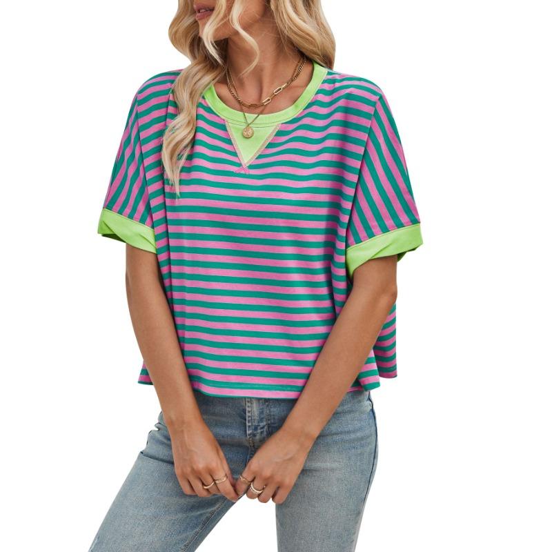 

Женские летние футболки свободного покроя в полоску с цветными блоками и круглым вырезом с рукавами «летучая мышь» XL