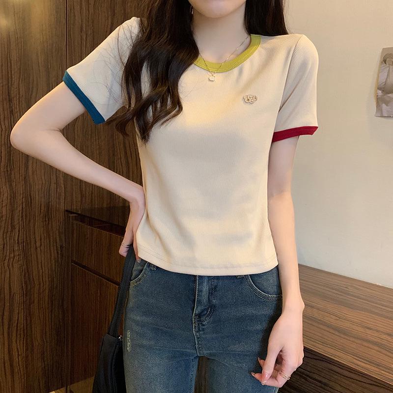 

Women s American Color Block Short-Sleeve Slim Fit T-Shirt - 2025 Summer Collection with Straight Shoulder Design L Premium абрикосовый