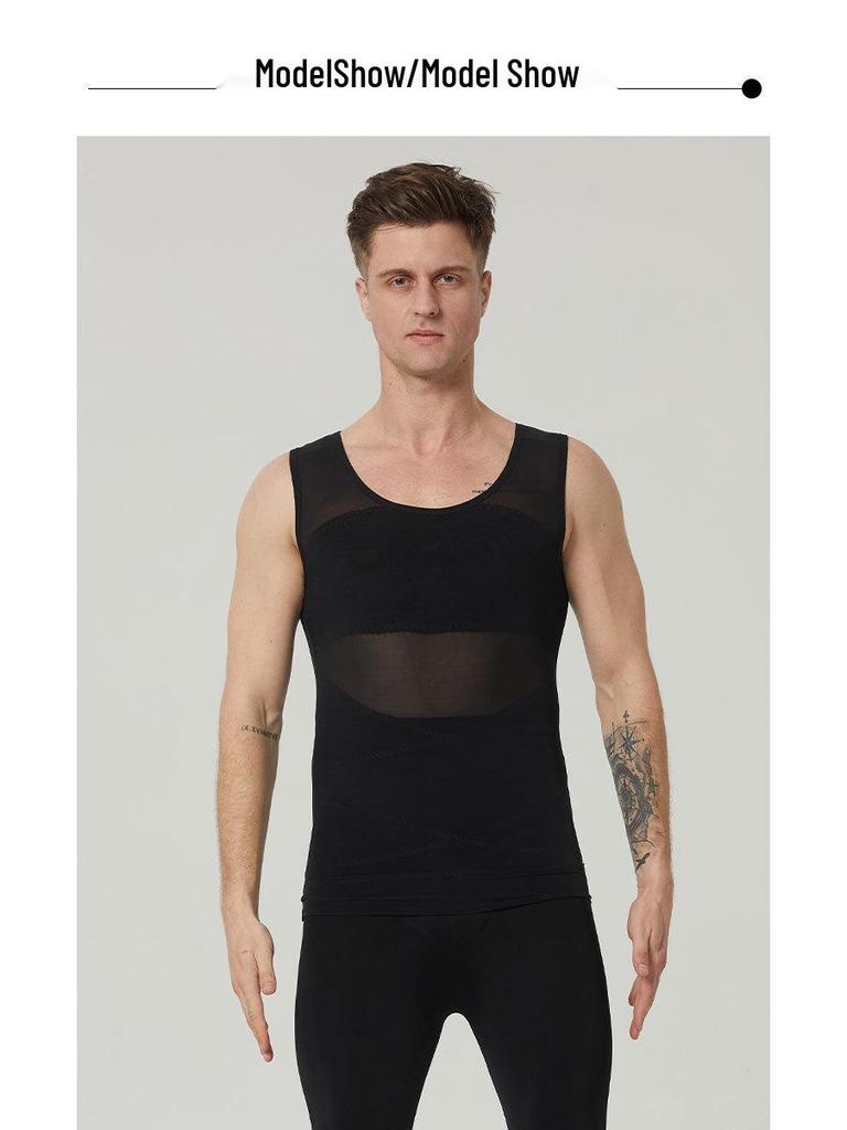 Men's Tummy Control Shaping Vest - Breathable Mesh Bodysuit with Bust and Tummy Support.