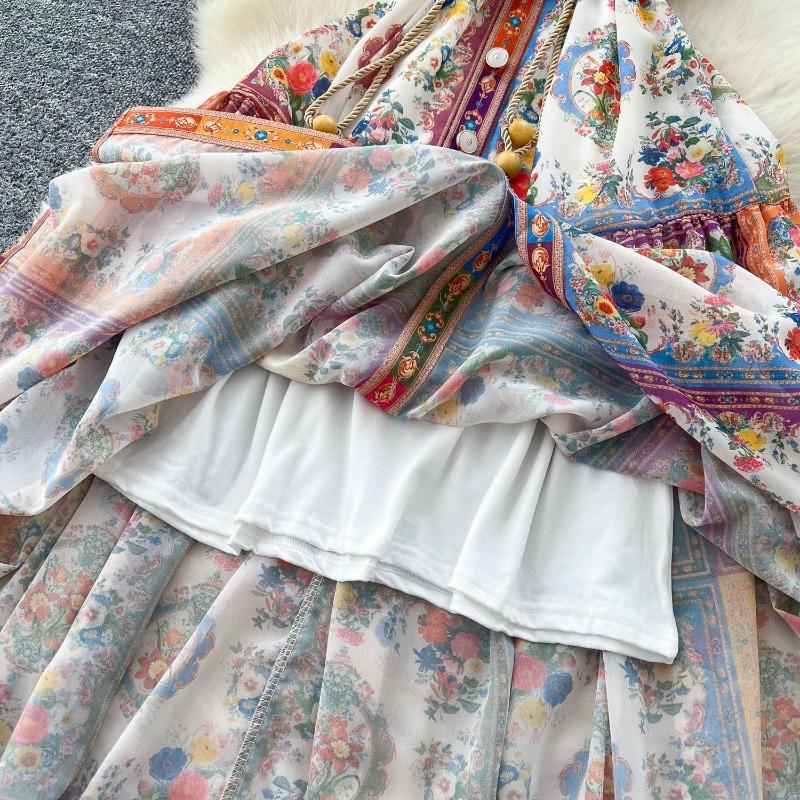 This Women's Vacation Style Elegant Sleeveless Waist-cinching Printed Pleated Dress Is A Fashionable and Slimming Dress